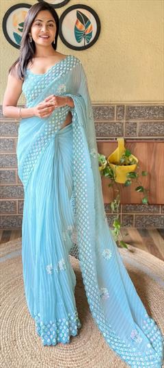 Festive, Reception Blue color Saree in Faux Georgette fabric with Classic Sequence work : 1943949