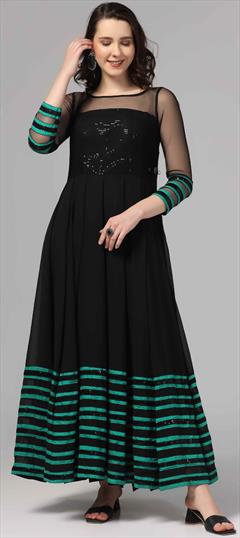 Festive, Reception Black and Grey color Kurti in Georgette fabric with Anarkali Lace work : 1943950