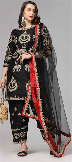 Festive, Reception, Wedding Black and Grey color Salwar Kameez in Raw Silk fabric with Straight Sequence, Thread, Zari work : 1943956
