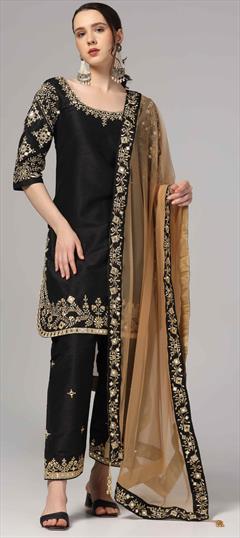 Festive, Reception, Wedding Black and Grey color Salwar Kameez in Raw Silk fabric with Straight Mirror, Thread, Zari work : 1943963