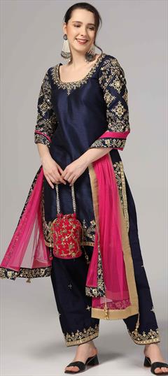 Festive, Reception, Wedding Blue color Salwar Kameez in Raw Silk fabric with Palazzo, Straight Mirror, Thread, Zari work : 1943965