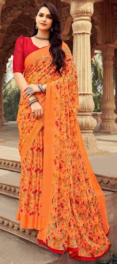 Casual Orange color Saree in Chiffon fabric with Classic Floral, Printed work : 1943973
