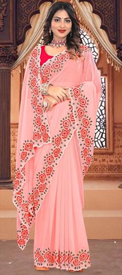 Festive, Reception Pink and Majenta color Saree in Georgette fabric with Classic Embroidered, Stone, Thread work : 1944028