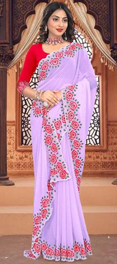 Festive, Reception Purple and Violet color Saree in Georgette fabric with Classic Embroidered, Stone, Thread work : 1944030