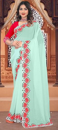 Festive, Reception Green color Saree in Georgette fabric with Classic Embroidered, Stone, Thread work : 1944031