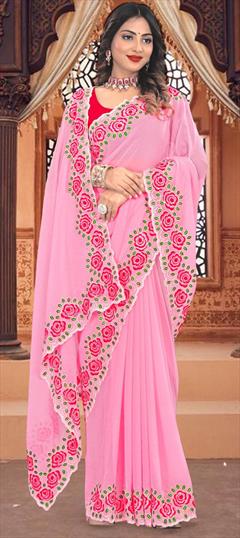 Festive, Reception Pink and Majenta color Saree in Georgette fabric with Classic Embroidered, Stone, Thread work : 1944032