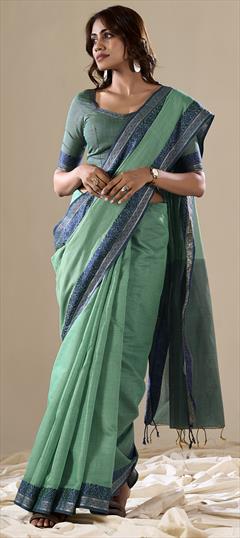 Festive, Reception Green color Saree in Cotton fabric with Bengali Printed work : 1944037