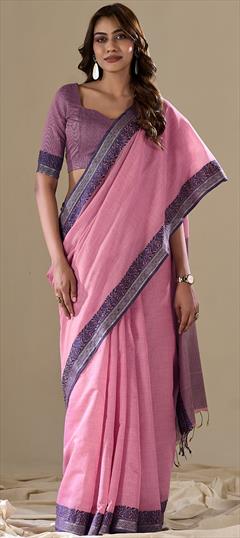 Festive, Reception Pink and Majenta color Saree in Cotton fabric with Bengali Printed work : 1944042