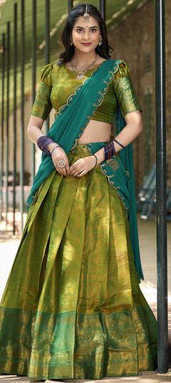 Reception, Traditional Green color Lehenga in Kanjeevaram Silk fabric with Flared Weaving, Zari work : 1944051