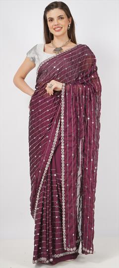 Bridal, Wedding Purple and Violet color Saree in Chiffon fabric with Classic Mirror, Sequence, Thread work : 1944075