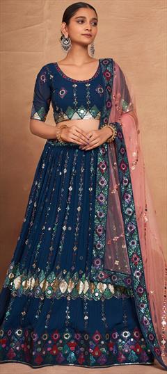 Bridal, Wedding Blue color Lehenga in Georgette fabric with Flared Embroidered, Sequence work : 1944079