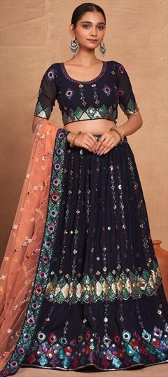 Bridal, Wedding Blue color Lehenga in Georgette fabric with Flared Embroidered, Sequence work : 1944081
