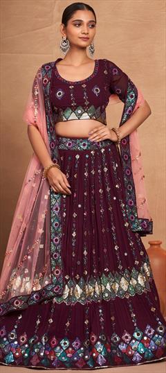 Bridal, Wedding Pink and Majenta color Lehenga in Georgette fabric with Flared Embroidered, Sequence work : 1944082