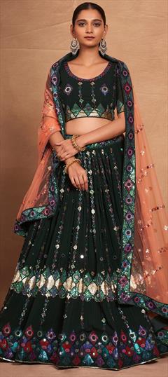Bridal, Wedding Green color Lehenga in Georgette fabric with Flared Embroidered, Sequence work : 1944084