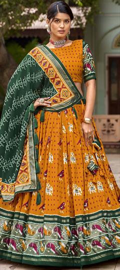 Festive, Reception Yellow color Lehenga in Tussar Silk fabric with Flared Foil Print work : 1944085