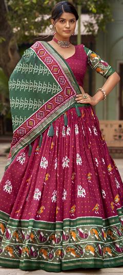 Festive, Reception Red and Maroon color Lehenga in Tussar Silk fabric with Flared Foil Print work : 1944087