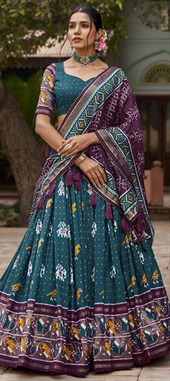 Festive, Reception Blue color Lehenga in Tussar Silk fabric with Flared Foil Print work : 1944088