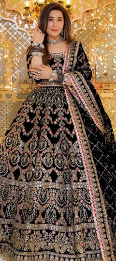 Bridal, Wedding Black and Grey color Lehenga in Velvet fabric with Flared Embroidered, Sequence, Thread work : 1944093
