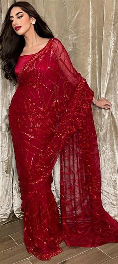 Festive, Reception Red and Maroon color Saree in Georgette fabric with Classic Sequence work : 1944102