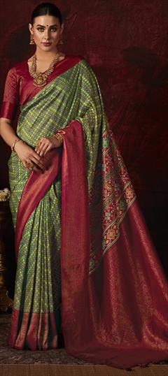 Party Wear, Traditional Green color Saree in Art Silk, Silk fabric with South Digital Print work : 1944107