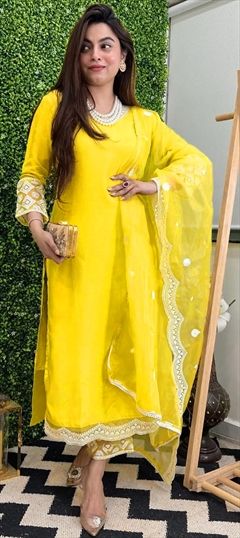 Festive, Reception Yellow color Salwar Kameez in Chanderi Silk fabric with Curved Embroidered work : 1944388