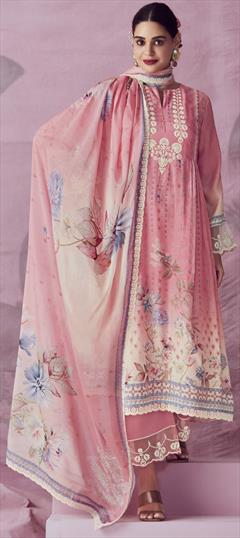 Festive, Reception Pink and Majenta color Salwar Kameez in Muslin fabric with Pakistani, Straight Digital Print, Embroidered, Floral work : 1944389