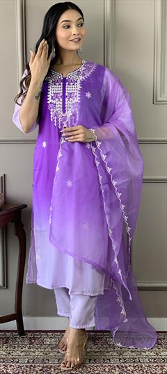 Festive, Reception Purple and Violet color Salwar Kameez in Muslin fabric with Straight Embroidered, Mirror work : 1944390
