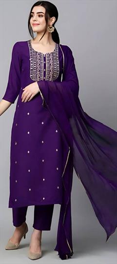 Festive, Reception Purple and Violet color Salwar Kameez in Rayon fabric with Straight Embroidered work : 1944391