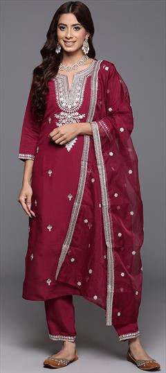 Festive, Reception Red and Maroon color Salwar Kameez in Viscose fabric with Straight Embroidered work : 1944392