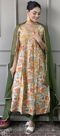 Festive, Reception Orange color Salwar Kameez in Rayon fabric with Anarkali Embroidered, Floral, Printed work : 1944409
