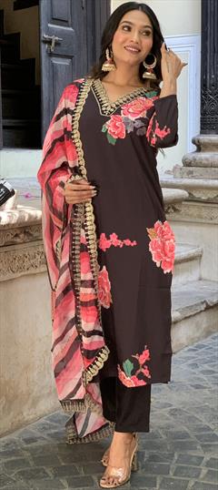 Festive, Reception Black and Grey color Salwar Kameez in Muslin fabric with Pakistani, Straight Embroidered, Floral, Printed work : 1944411