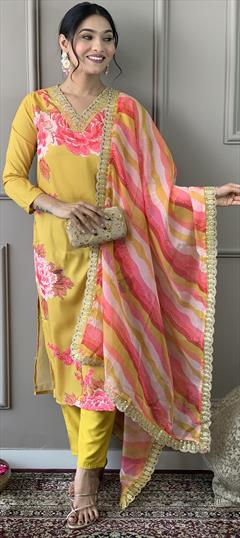 Festive, Reception Yellow color Salwar Kameez in Muslin fabric with Pakistani, Straight Embroidered, Floral, Printed work : 1944413