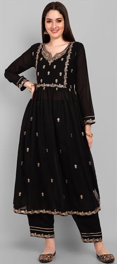 Festive, Reception Black and Grey color Salwar Kameez in Art Silk fabric with Embroidered, Thread work : 1944414