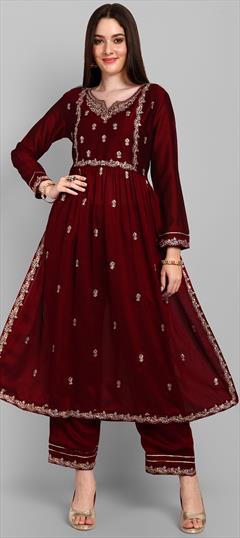 Festive, Reception Red and Maroon color Salwar Kameez in Art Silk fabric with Embroidered, Thread work : 1944416