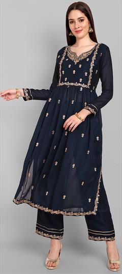 Festive, Reception Blue color Salwar Kameez in Art Silk fabric with Embroidered, Thread work : 1944417