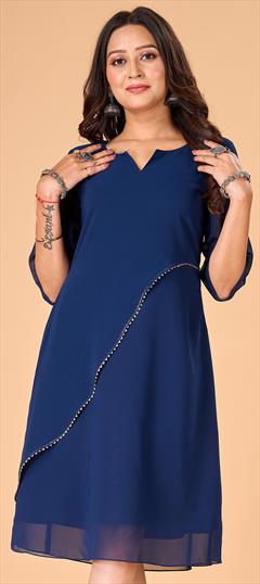 Casual Blue color Kurti in Georgette fabric with Long Sleeve, Straight Thread work : 1944422