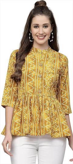 Casual Yellow color Tops and Shirts in Cotton fabric with Bandhej, Printed work : 1944424