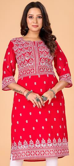 Casual Red and Maroon color Kurti in Georgette fabric with Long Sleeve, Straight Embroidered work : 1944426