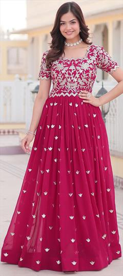Festive, Party Wear, Reception Pink and Majenta color Gown in Georgette fabric with Embroidered, Sequence, Thread work : 1944450