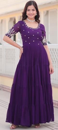 Festive, Reception Purple and Violet color Gown in Faux Georgette fabric with Embroidered, Sequence, Zari work : 1944460