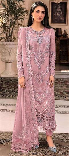 Festive, Reception Pink and Majenta color Salwar Kameez in Faux Georgette fabric with Pakistani, Straight Embroidered, Thread work : 1944462