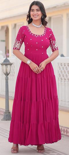 Festive, Reception Pink and Majenta color Gown in Faux Georgette fabric with Embroidered, Sequence, Zari work : 1944463