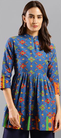 Casual Blue color Kurti in Cotton fabric with Anarkali Printed work : 1944467