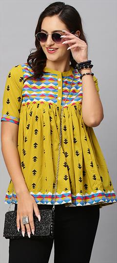 Casual Yellow color Kurti in Cotton fabric with Anarkali Printed work : 1944470