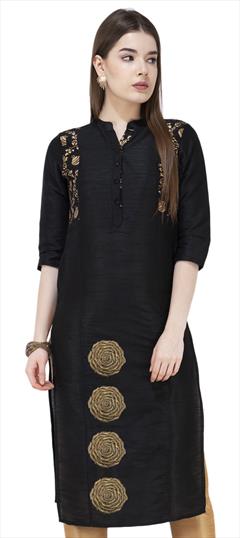 Casual Black and Grey color Kurti in Dupion Silk fabric with Straight Embroidered, Printed work : 1944475