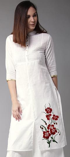 Casual White and Off White color Kurti in Cotton fabric with Straight Embroidered work : 1944476