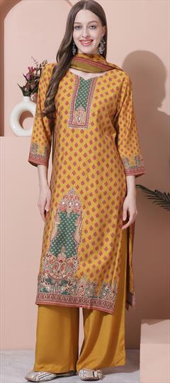 Festive, Party Wear Yellow color Salwar Kameez in Muslin fabric with Pakistani, Palazzo, Straight Digital Print work : 1944488