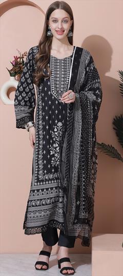 Festive, Party Wear Black and Grey color Salwar Kameez in Cotton fabric with Straight Digital Print, Embroidered, Floral, Sequence work : 1944491