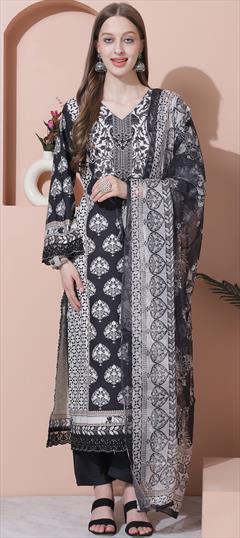 Festive, Party Wear Black and Grey color Salwar Kameez in Cotton fabric with Straight Digital Print, Embroidered, Floral, Sequence work : 1944493