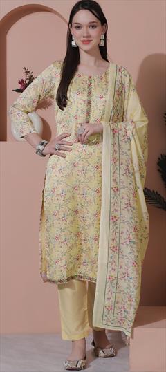 Party Wear Yellow color Salwar Kameez in Satin Silk fabric with Straight Digital Print, Embroidered, Floral work : 1944496